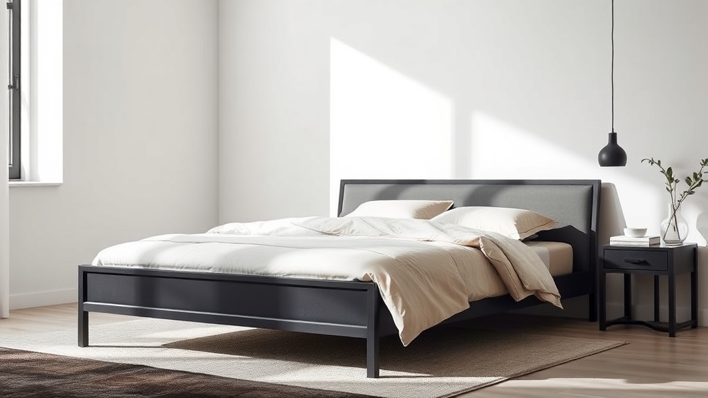 세련된 블랙 무광 도색이 적용된 현대적인 철제 침대 프레임이 배치된 침실 전경