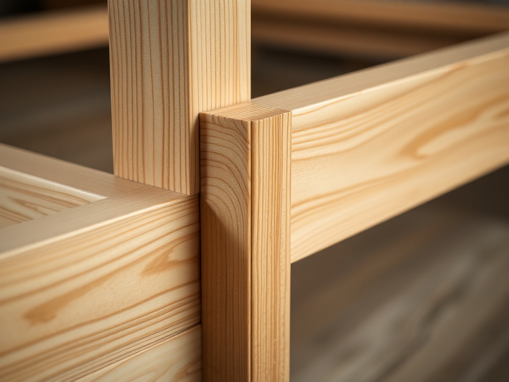 원목 침대의 정교한 짜맞춤 결합 부위를 근접 촬영하여 견고함을 보여주는 이미지